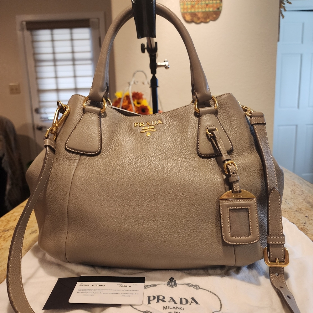 Prada Neutral Gray Blend Leather Shoulder Bag with Gold Accents
